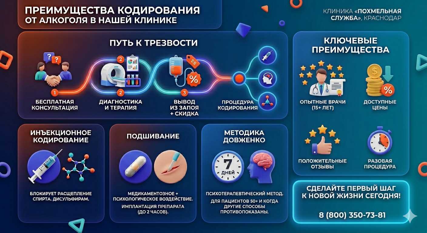Инфографика о методах кодирования от алкоголя в Иланском: инъекции, подшивание, метод Довженко. Преимущества клиники и этапы лечения.