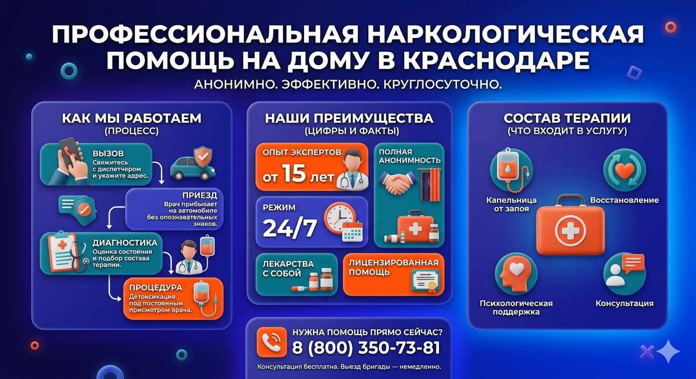 Инфографика о принципах лечения алкоголизма на дому в Иланском: этапы вызова нарколога, преимущества анонимной детоксикации и состав медицинской помощи.